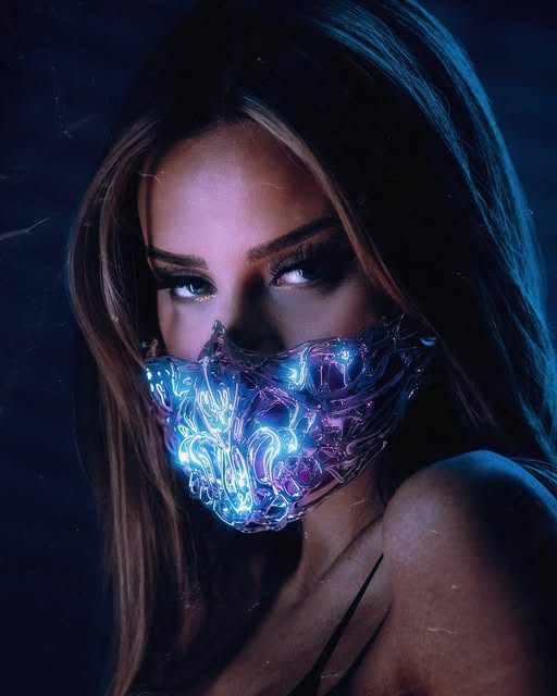 Portrait d'une femme portant un masque lumineux bleu